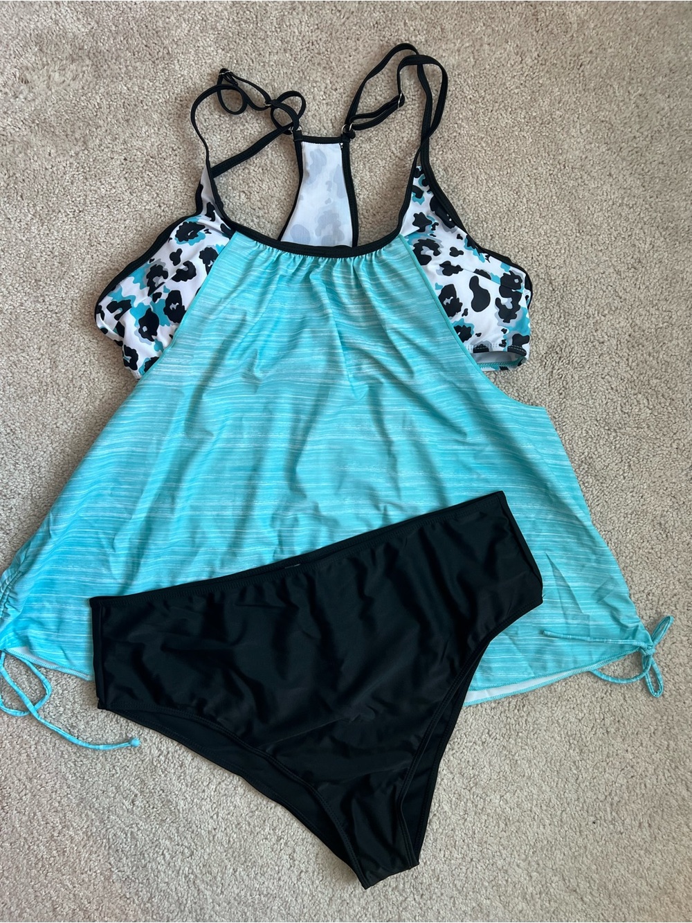 Leopard & Aqua NWOT Tankini Top w/ Black Bikini Bottom Vacay Beach Pool Summer